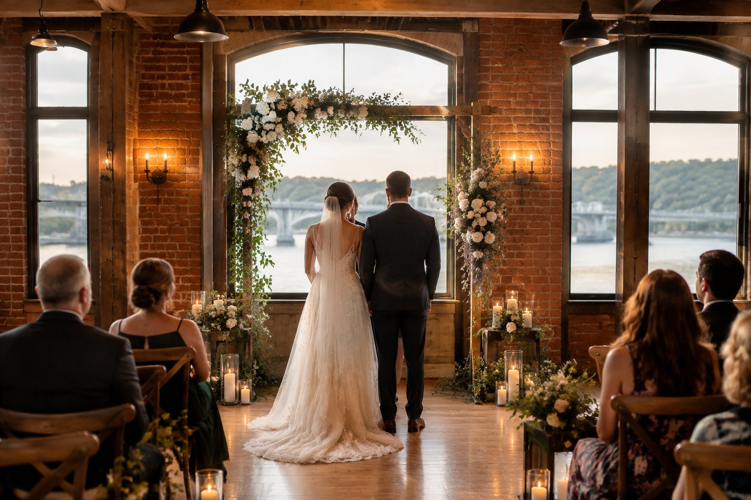 A couple stands beneath a floral arch at a small wedding ceremony.