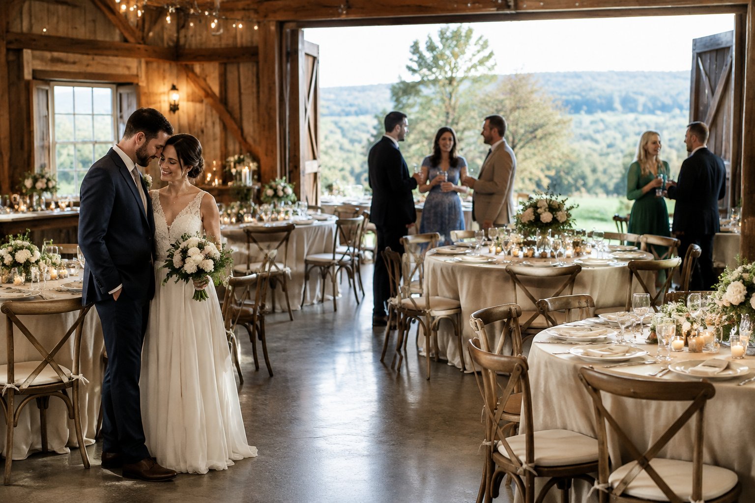 A couple celebrates with a small group of guests at a warmly decorated wedding venue.