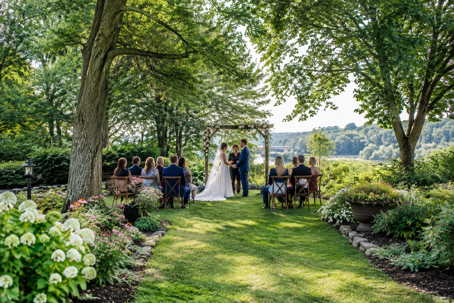A couple stands beneath a flower-covered arch at a small garden wedding.