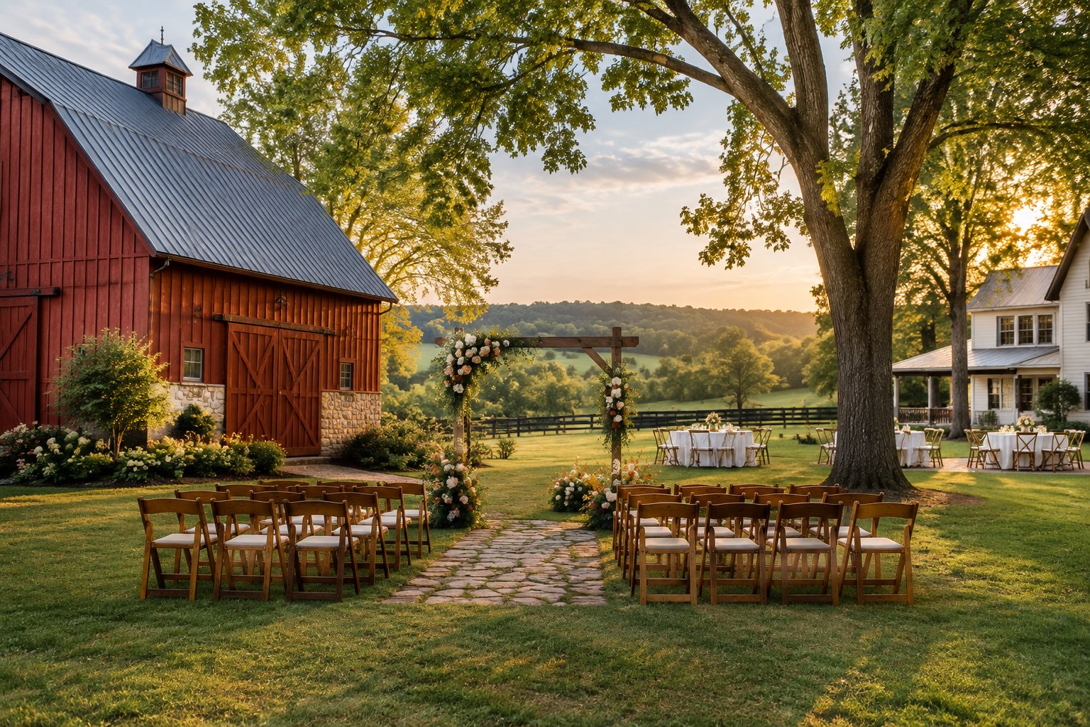 A small outdoor wedding ceremony setup beside a historic farmhouse in the countryside.