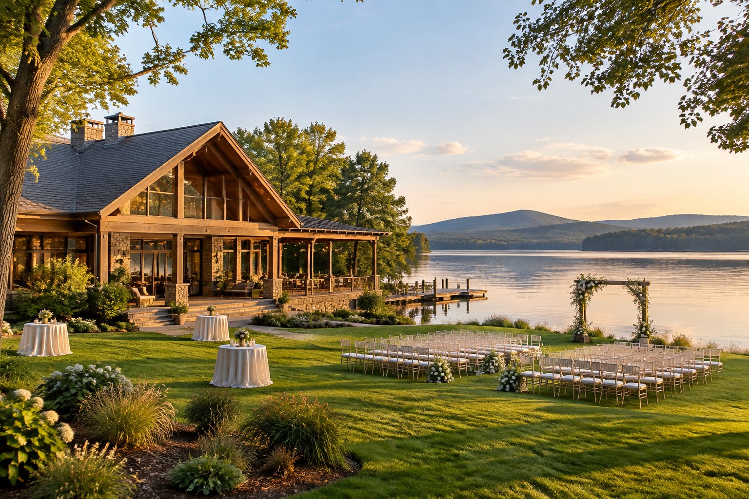 A wedding pavilion and ceremony setup beside a calm lake.