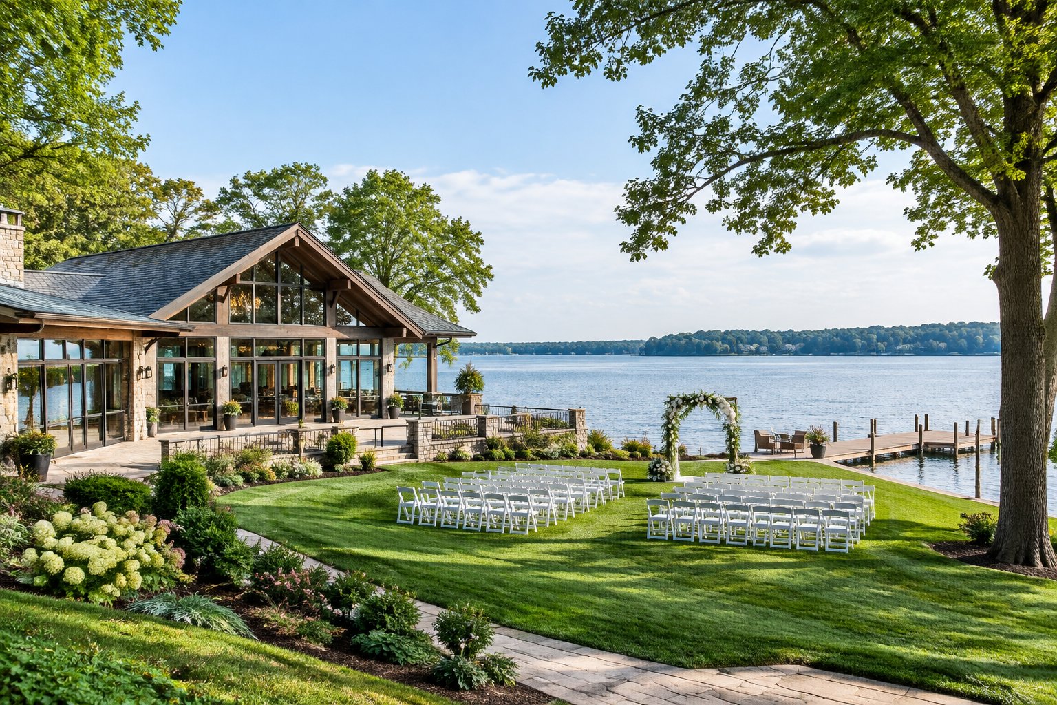 A wedding venue with an outdoor ceremony area beside a calm lake.