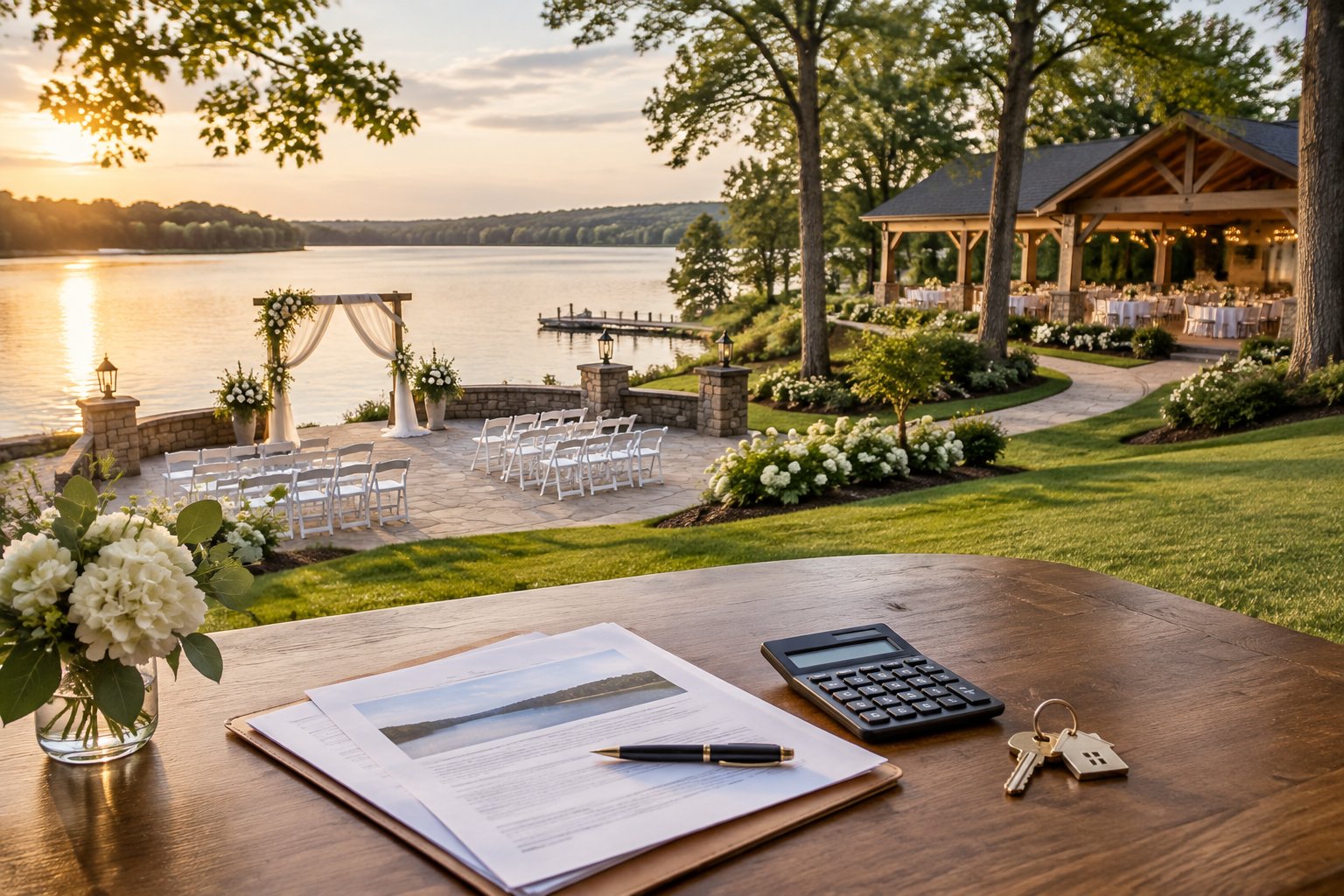 A lakeside wedding venue with a ceremony terrace and property documents on a table.