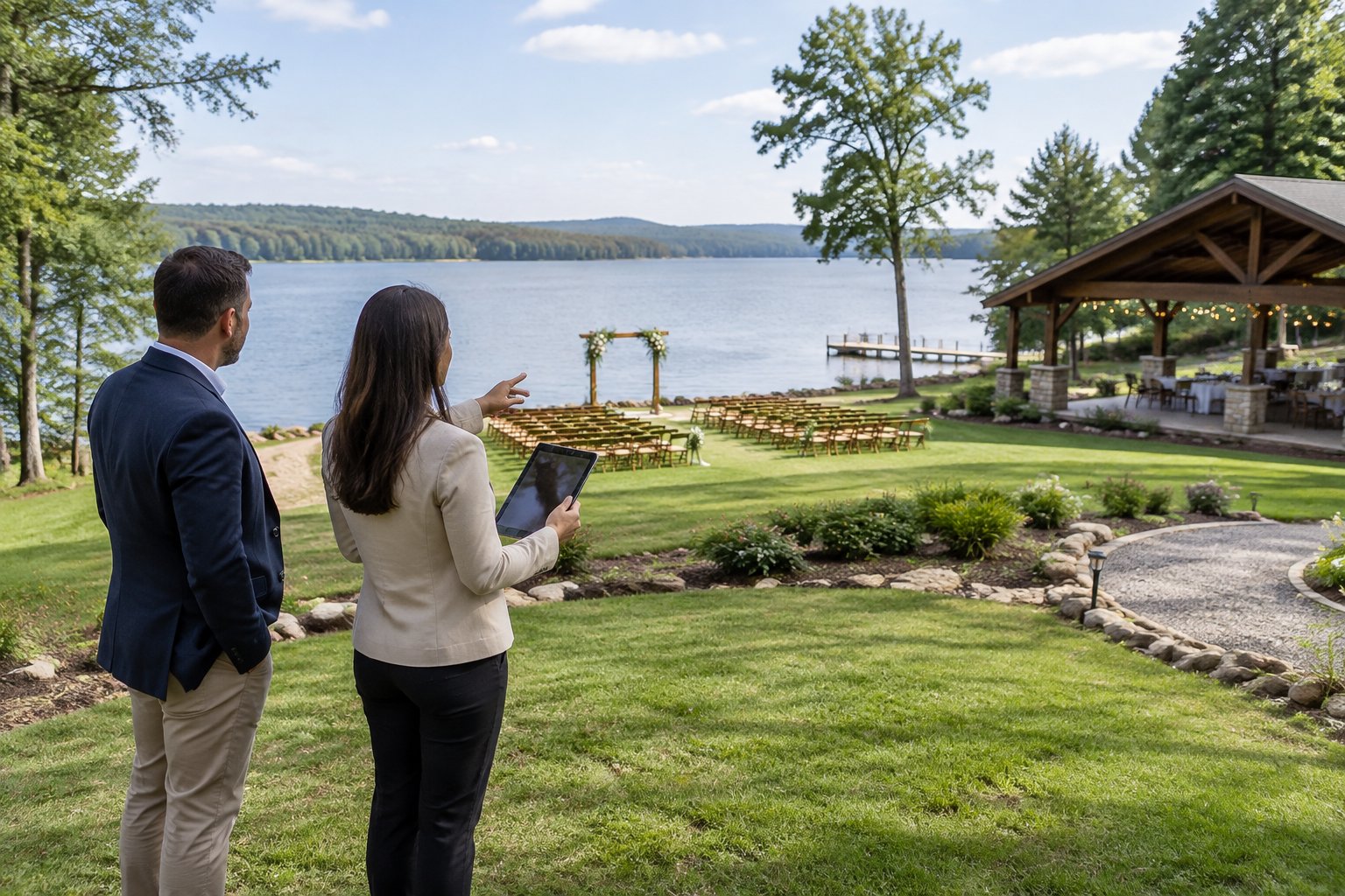 A buyer and real estate agent assess a wedding venue beside a lake.