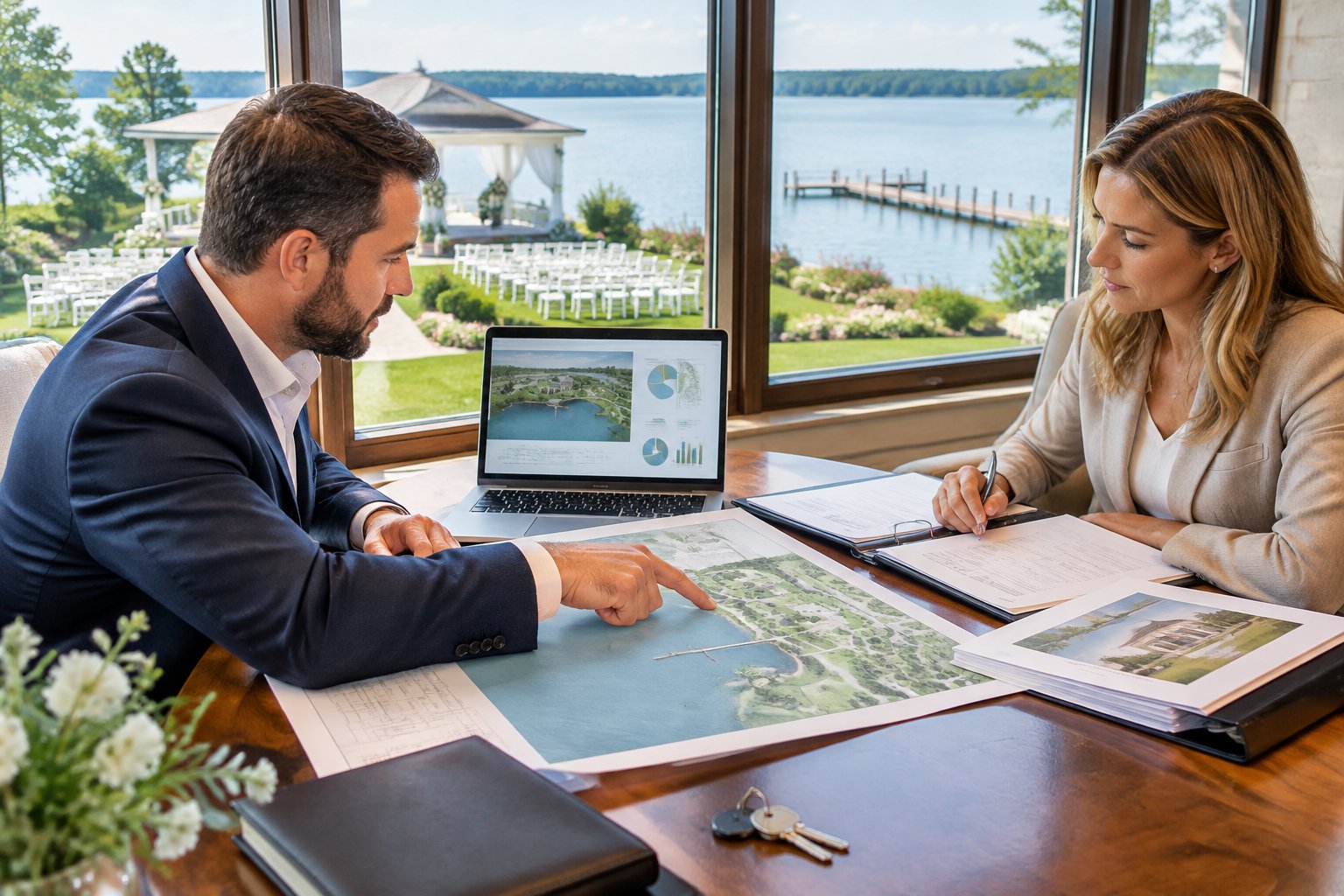 A buyer and attorney review property documents beside windows overlooking a lakeside wedding venue.