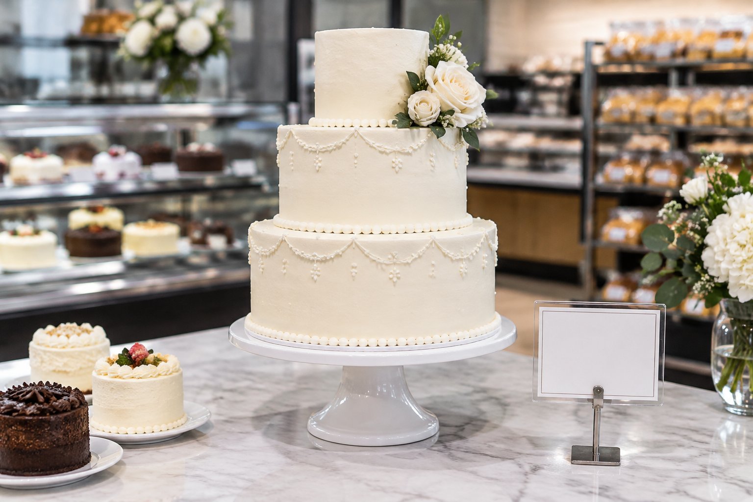 A decorated three-tier wedding cake displayed on a bakery counter.