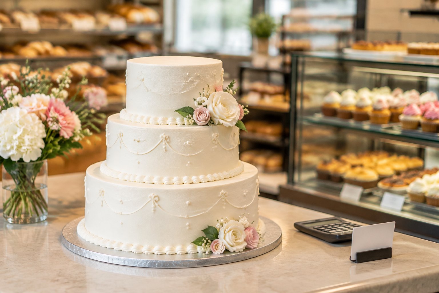 A white tiered wedding cake displayed on a bakery counter.