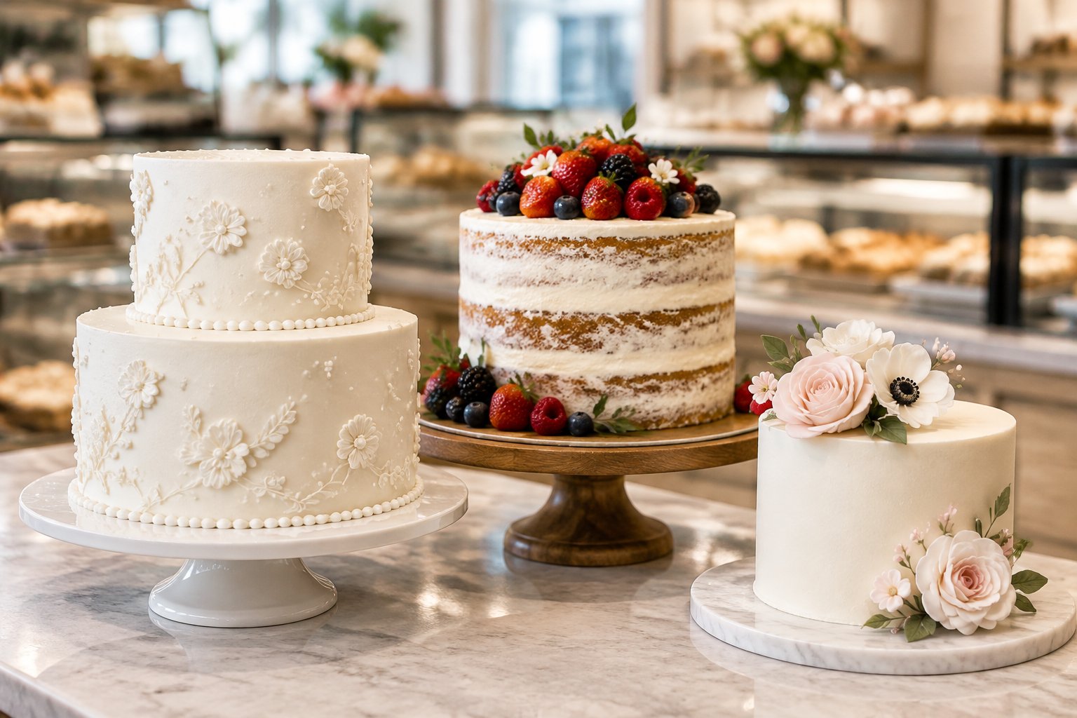 Three decorated wedding cakes displayed on a bakery counter.