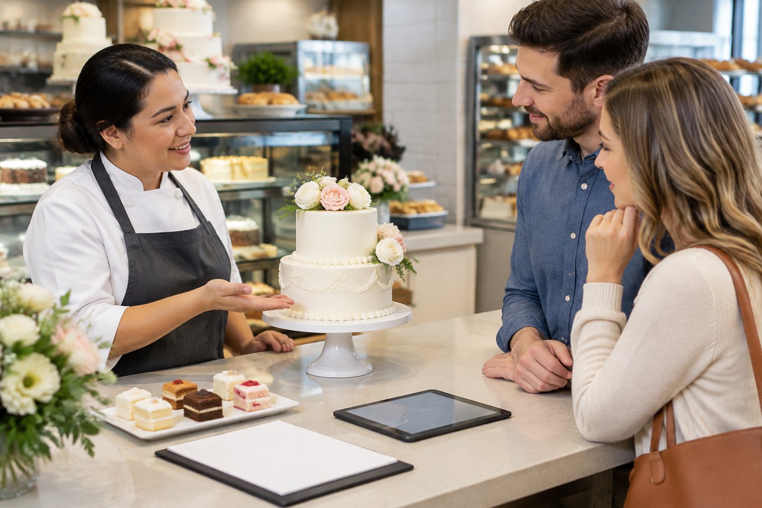 A bakery associate helps an engaged couple choose a wedding cake.