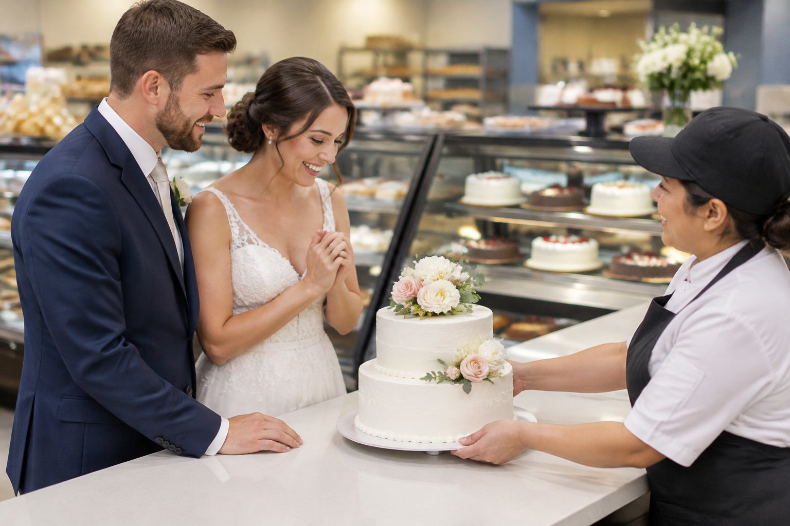A bakery associate presents a white wedding cake to a couple in wedding attire.