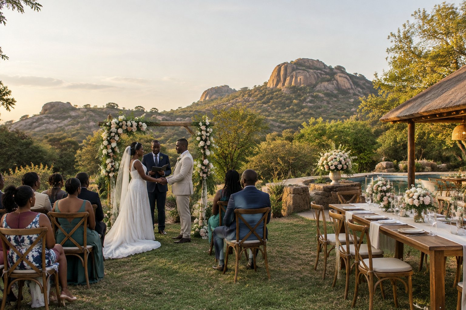 A couple stands beneath a flower arch at a small garden wedding in Zimbabwe.
