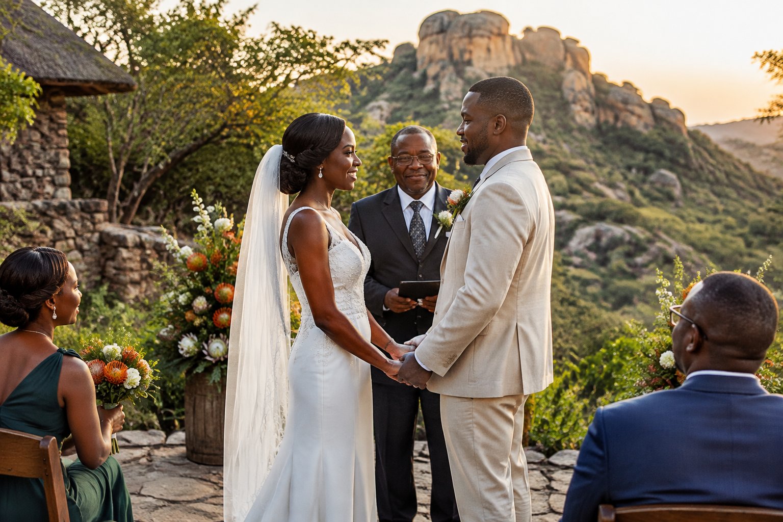 A couple celebrates their wedding with a small group of guests in a garden near Zimbabwe’s granite hills.