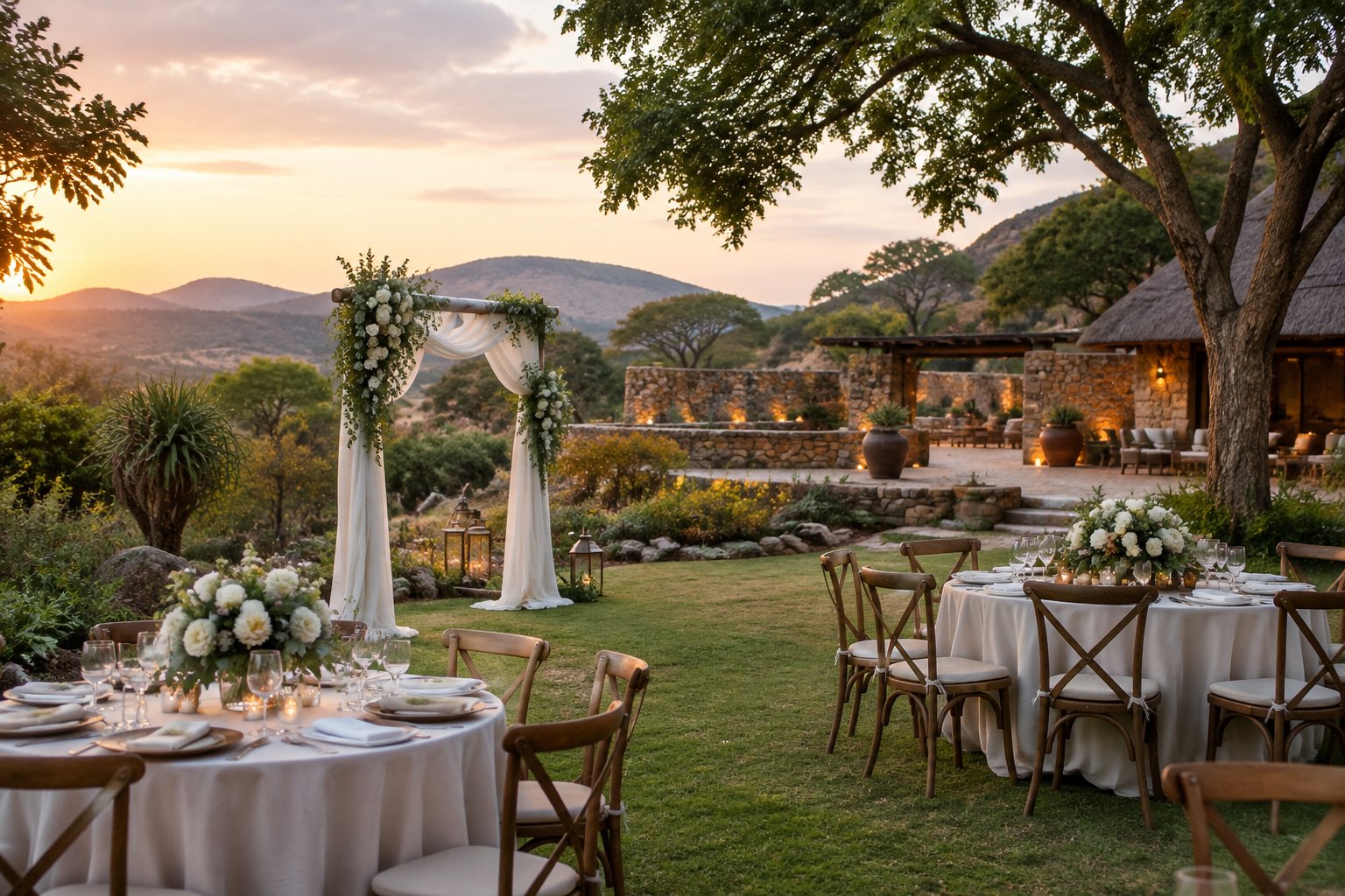 A small wedding reception set in a garden beside a rustic lodge.