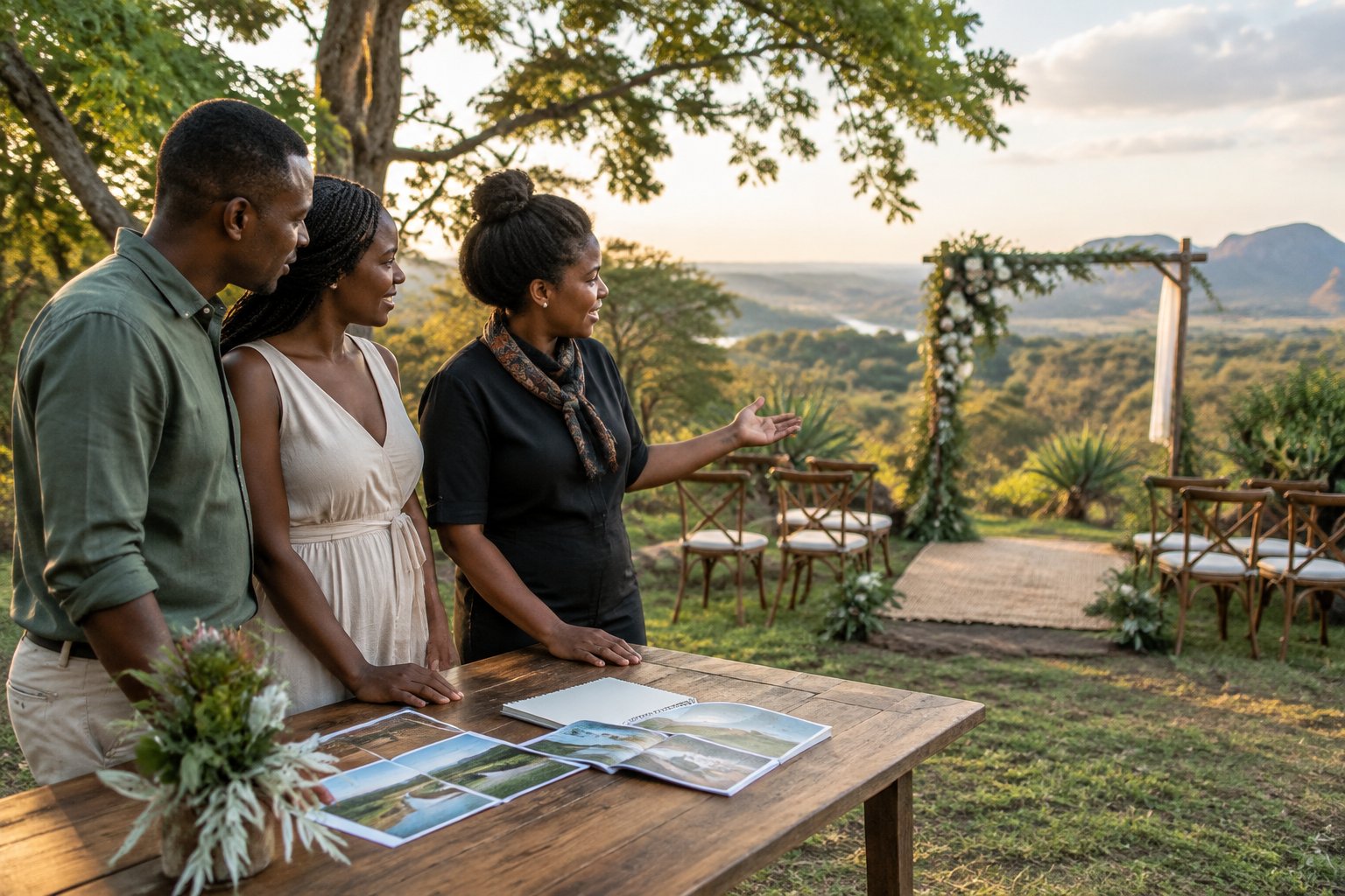 A couple and a venue coordinator explore a small outdoor wedding ceremony space.