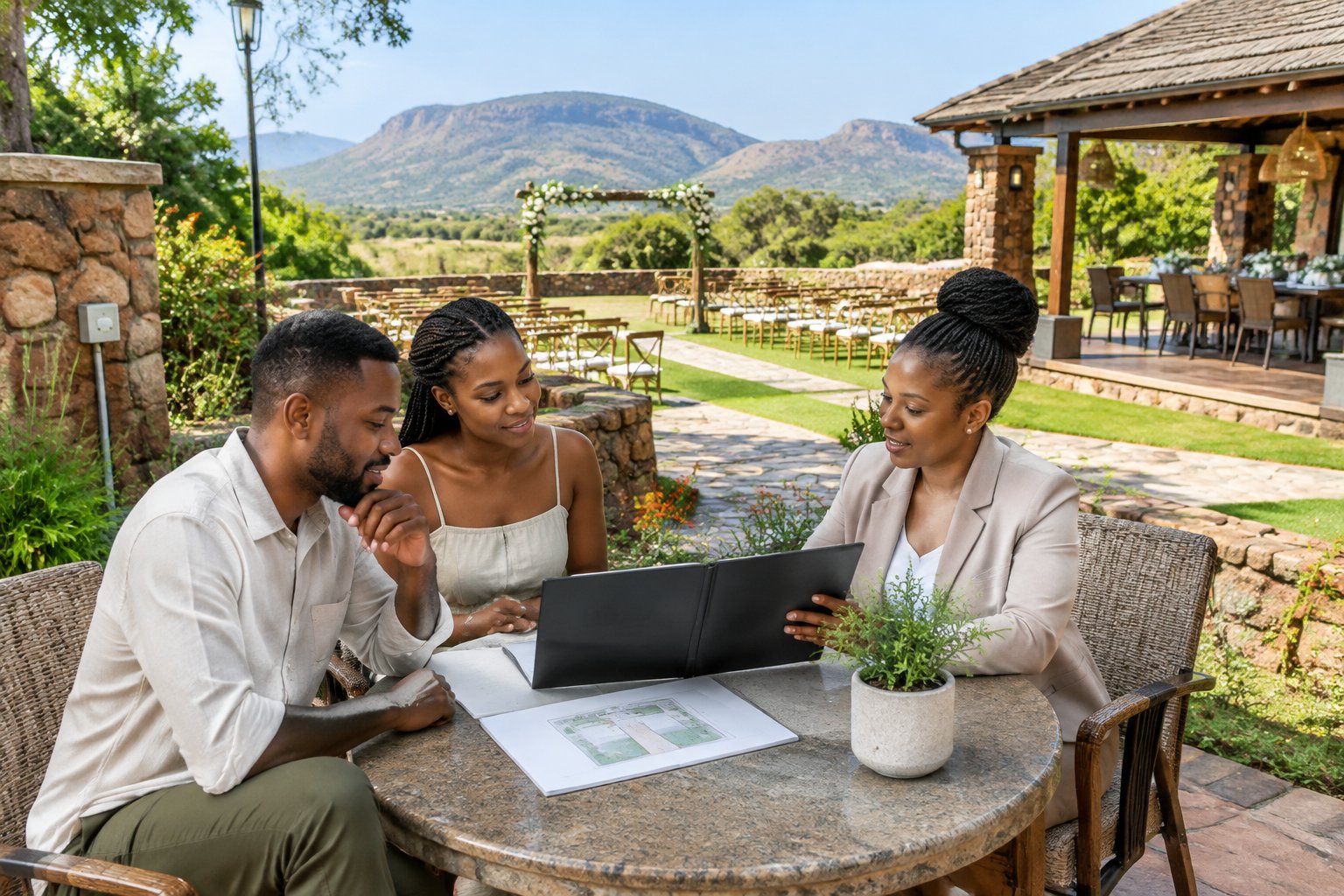 A couple and venue coordinator review wedding plans at a garden venue in Zimbabwe.