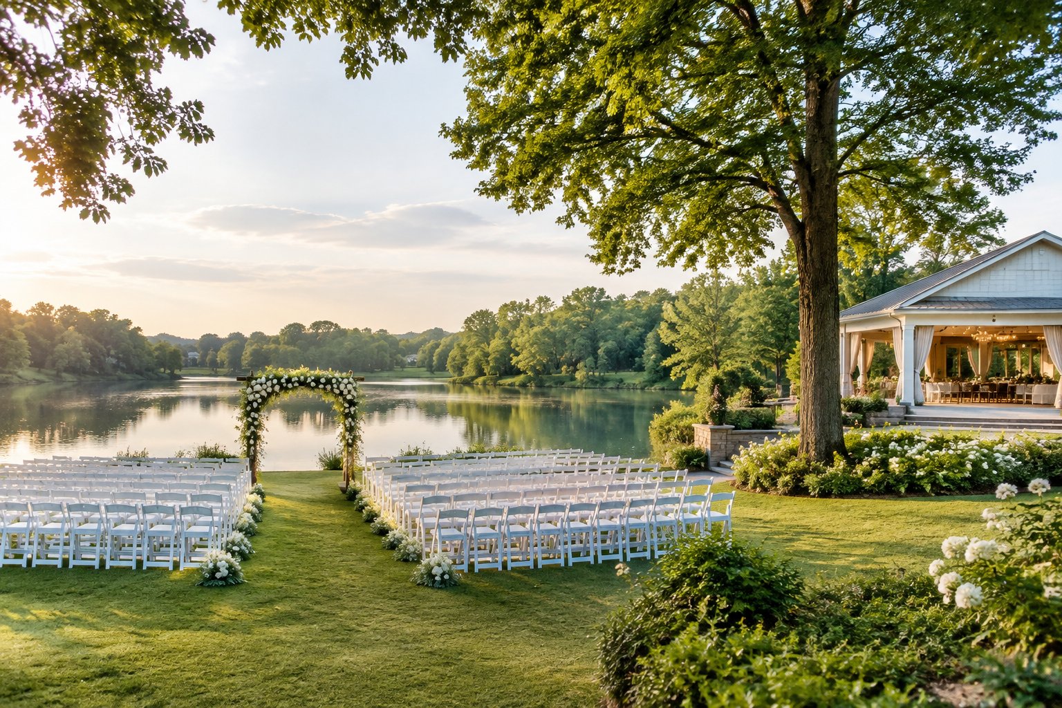 A wedding ceremony setup beside a lake, with rows of chairs and a floral arch.