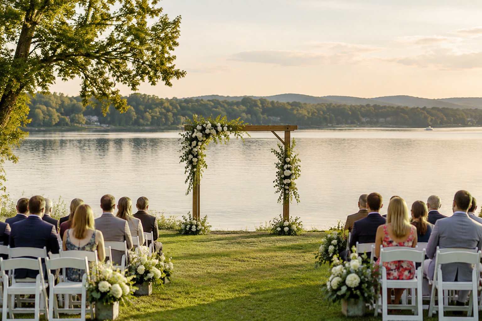 An outdoor wedding ceremony set beside a calm lake.