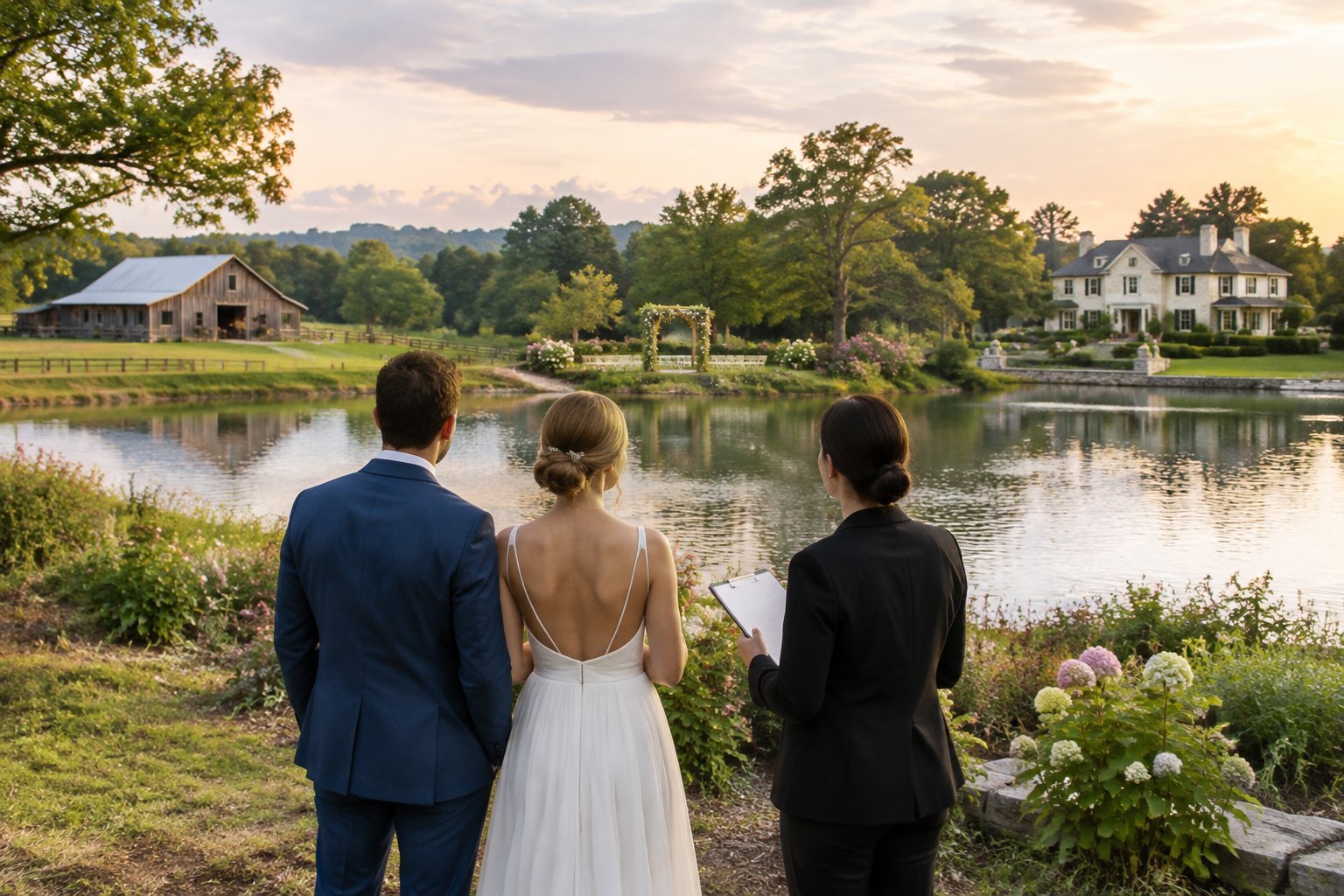 A couple and wedding planner consider three lakeside wedding venue settings: a farm, garden, and estate.