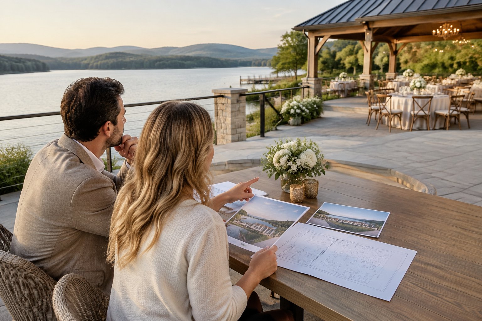 An engaged couple reviews venue plans beside a lakeside wedding reception setup.