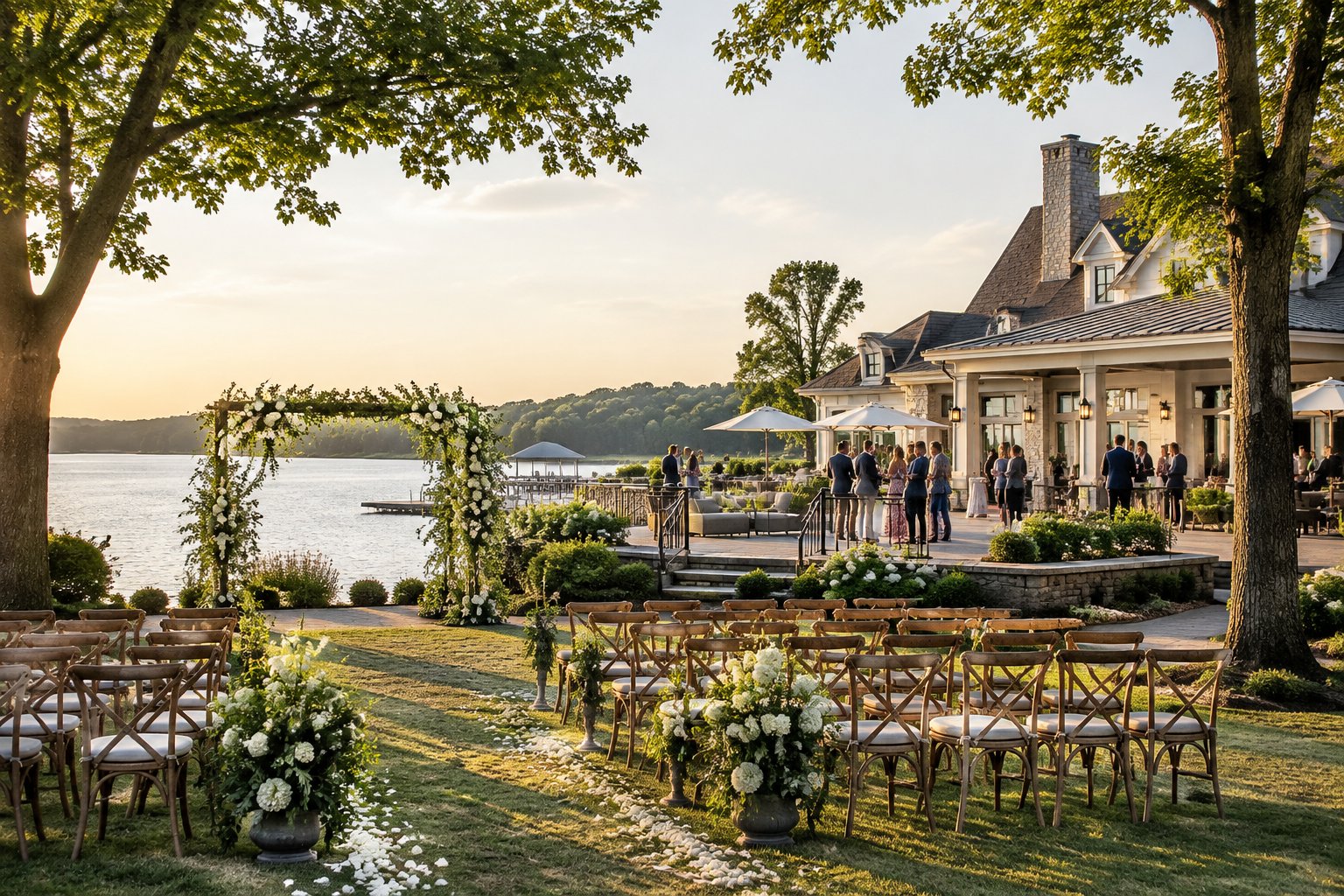A wedding ceremony setup beside a lake at a hotel or country club.