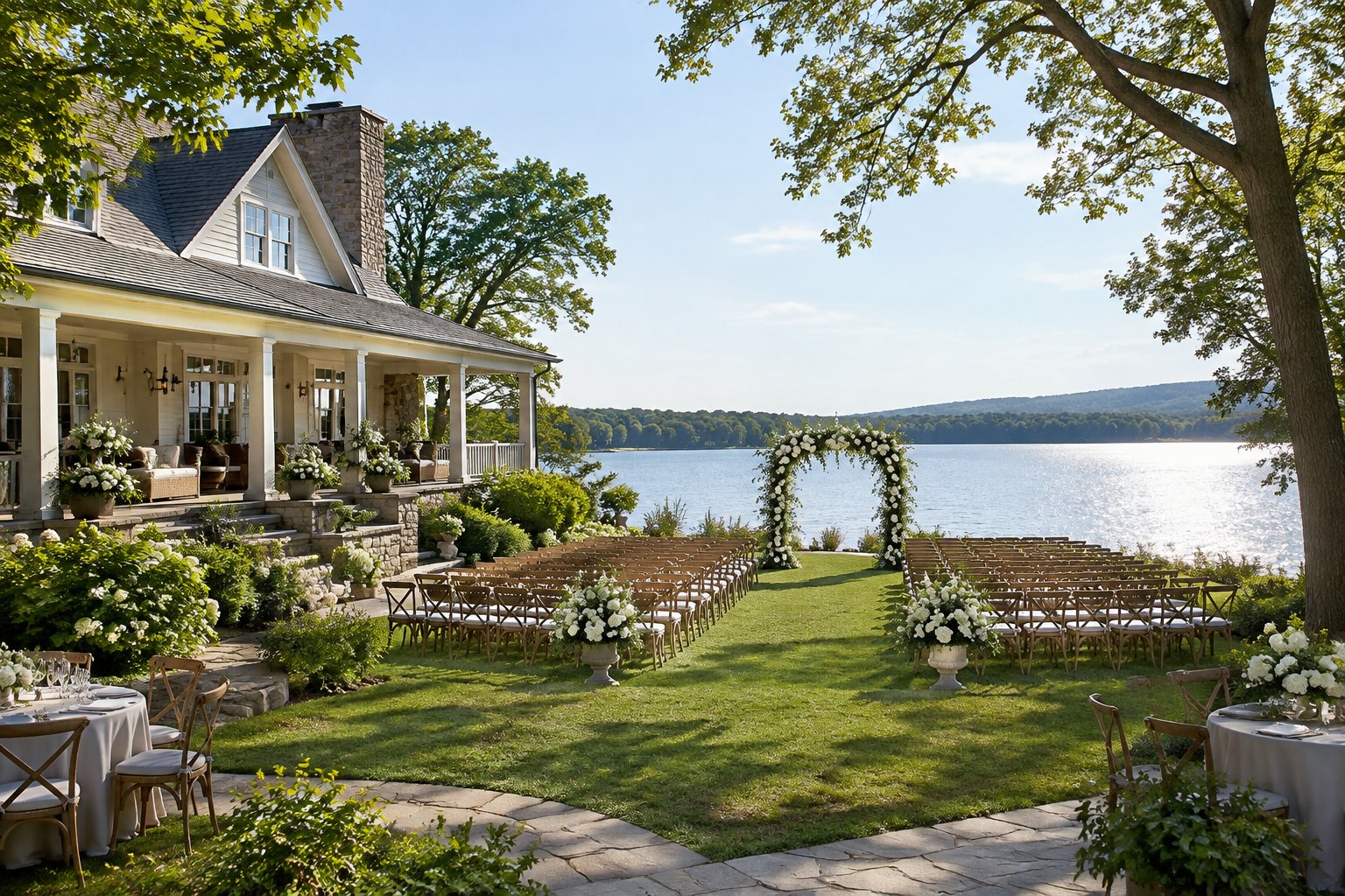 A lake house wedding venue with a lakeside ceremony setup.