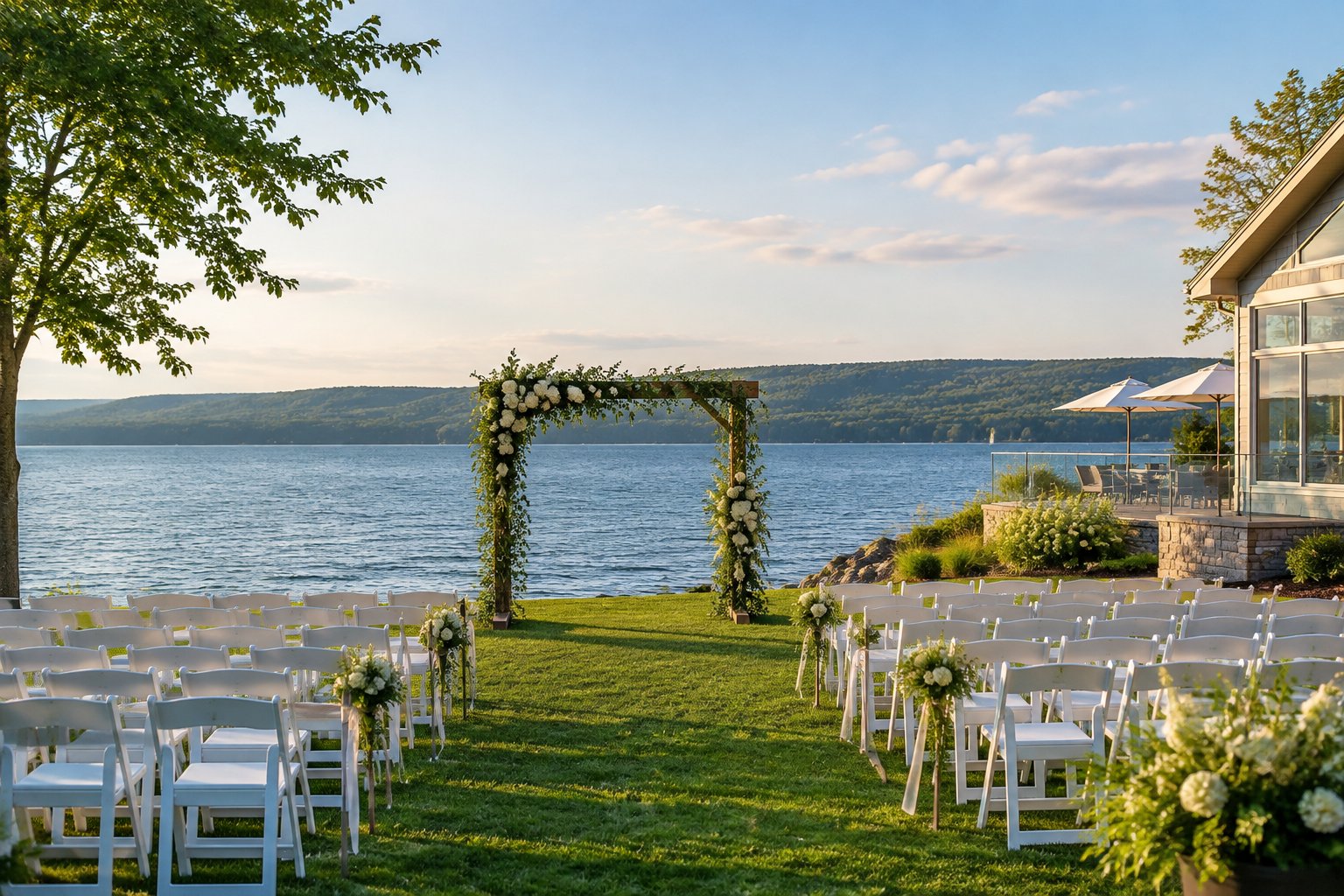 A wedding ceremony setup on a lawn beside Canandaigua Lake.