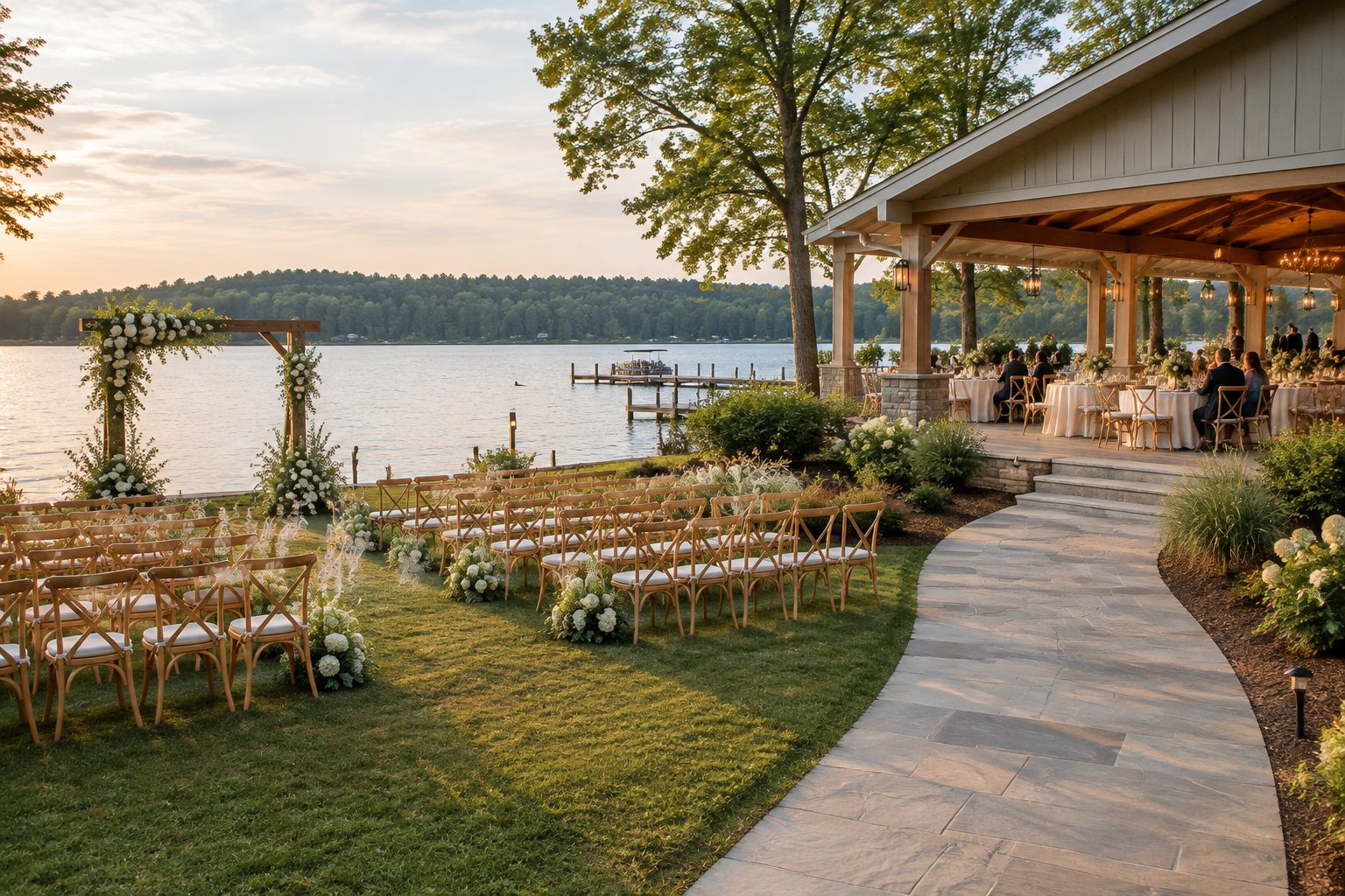 A lakeside wedding ceremony area beside a reception terrace set with dining tables.