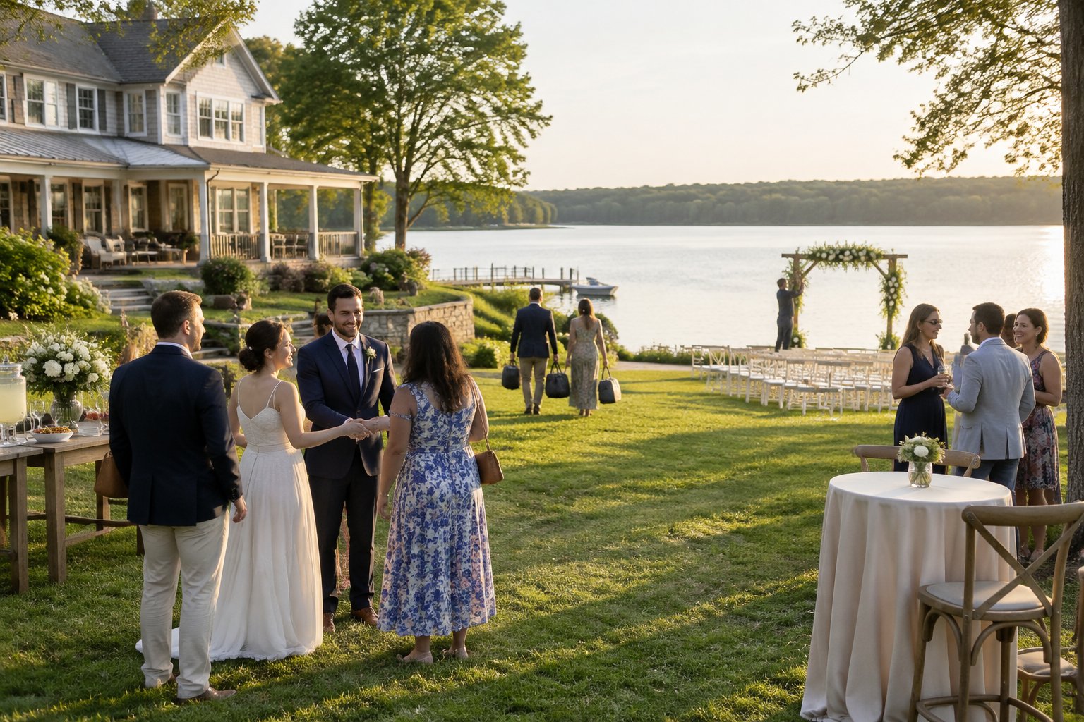 Guests gather for a welcome reception on the lawn of a lakeside wedding venue.