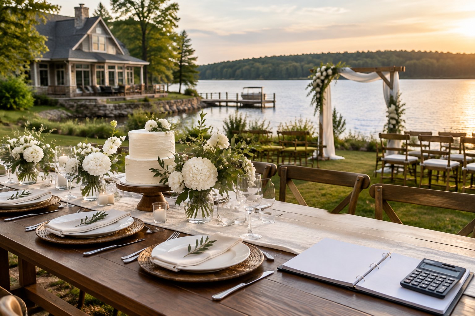 A wedding reception table beside a lake house with a ceremony setup near the water.