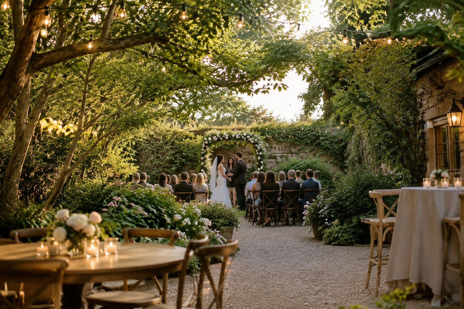 A couple stands beneath a floral arch as guests gather in a garden courtyard.