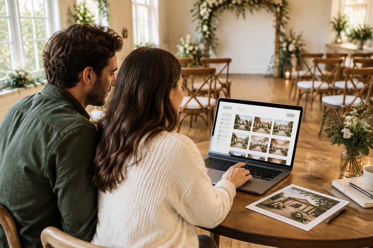 A couple reviews wedding venue options on a laptop at a small table.