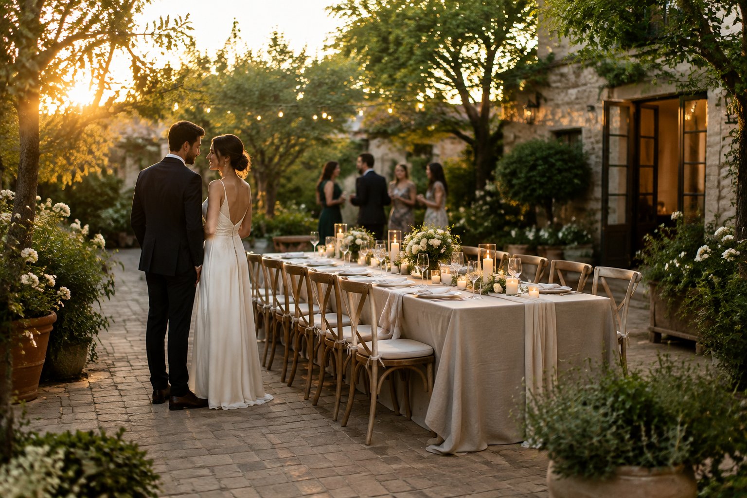 A couple stands beside a candlelit wedding table in a garden courtyard.