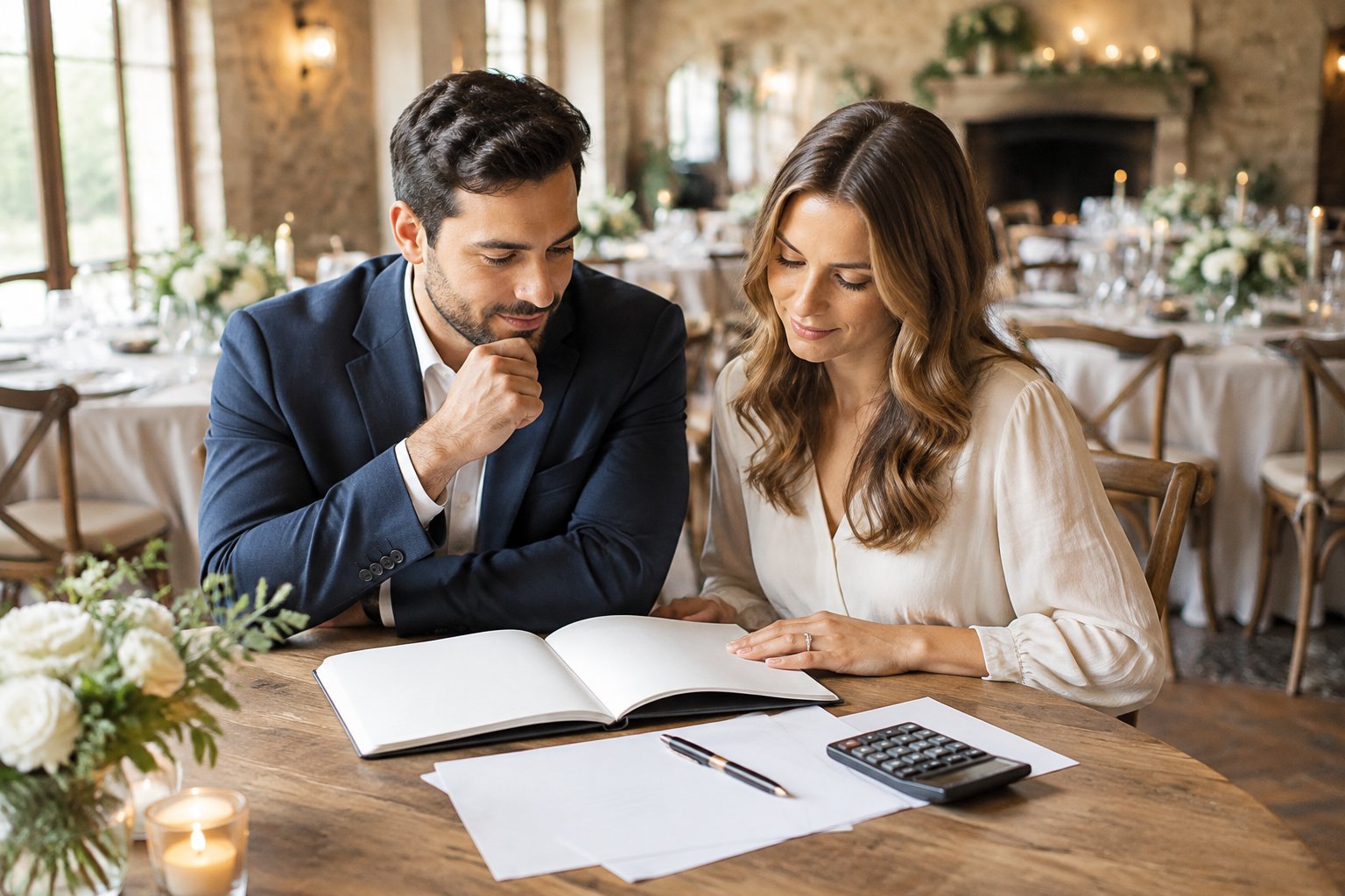 A couple reviews wedding venue plans at a table in an intimate event space.