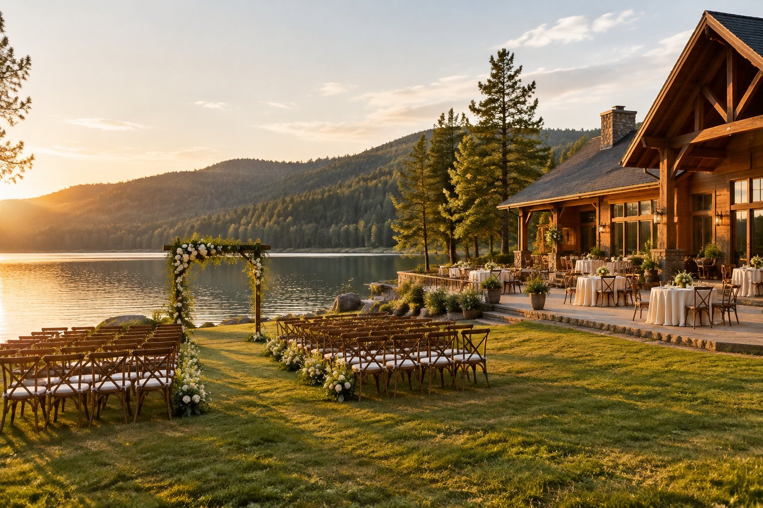 A lakeside lodge with an outdoor wedding ceremony setup beside a calm lake.