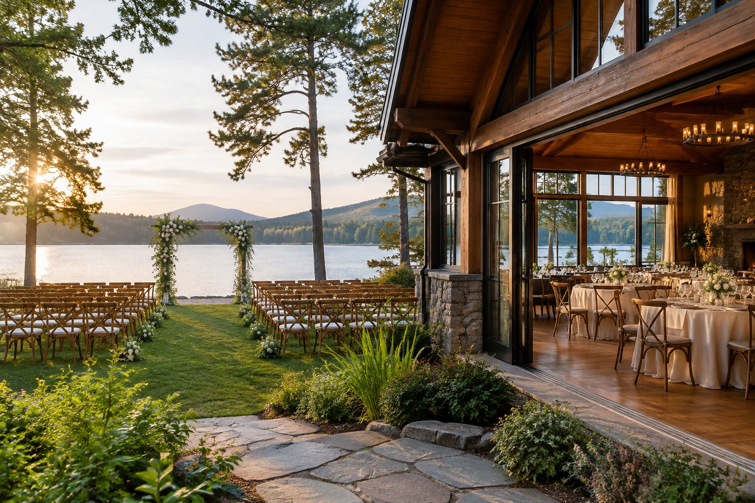 A lakeside wedding ceremony setup beside a lodge reception space.