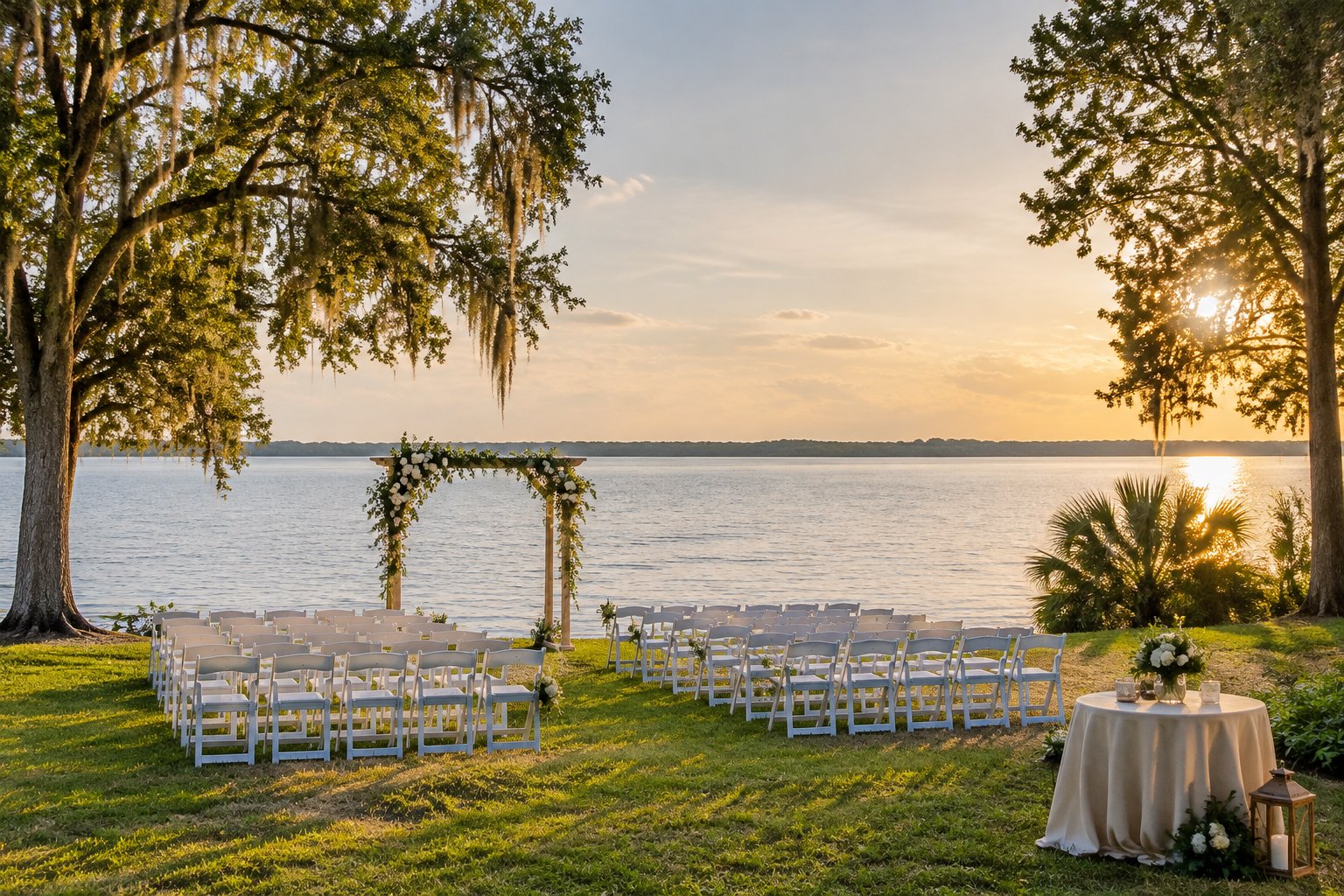 A wedding ceremony setup on a grassy lakeshore.