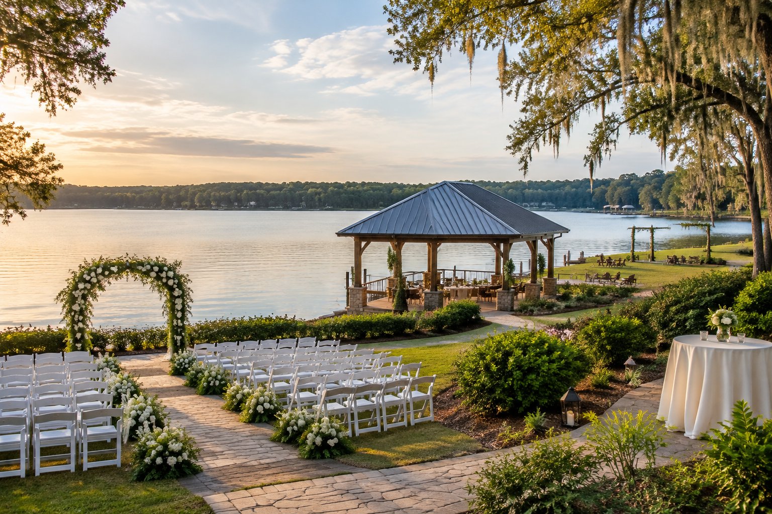 A lakeside wedding ceremony setup with a floral arch, chairs, and a pavilion beside a calm lake.