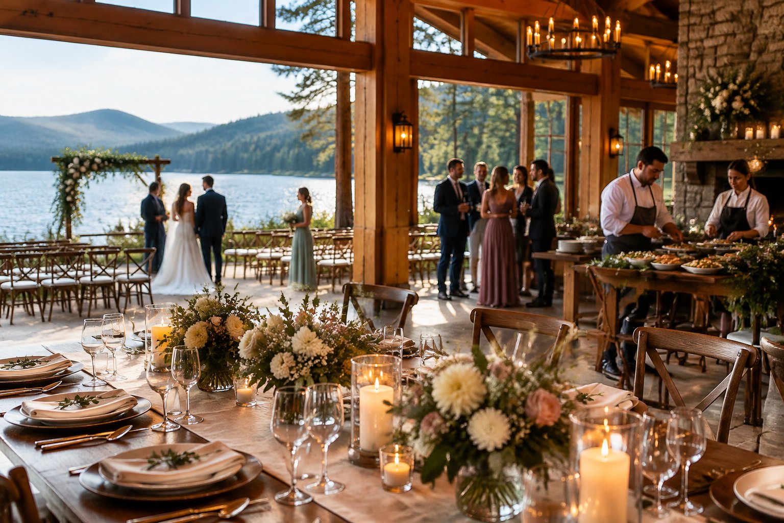 A wedding reception set inside a lakeside lodge, with a decorated table and a ceremony area near the water.