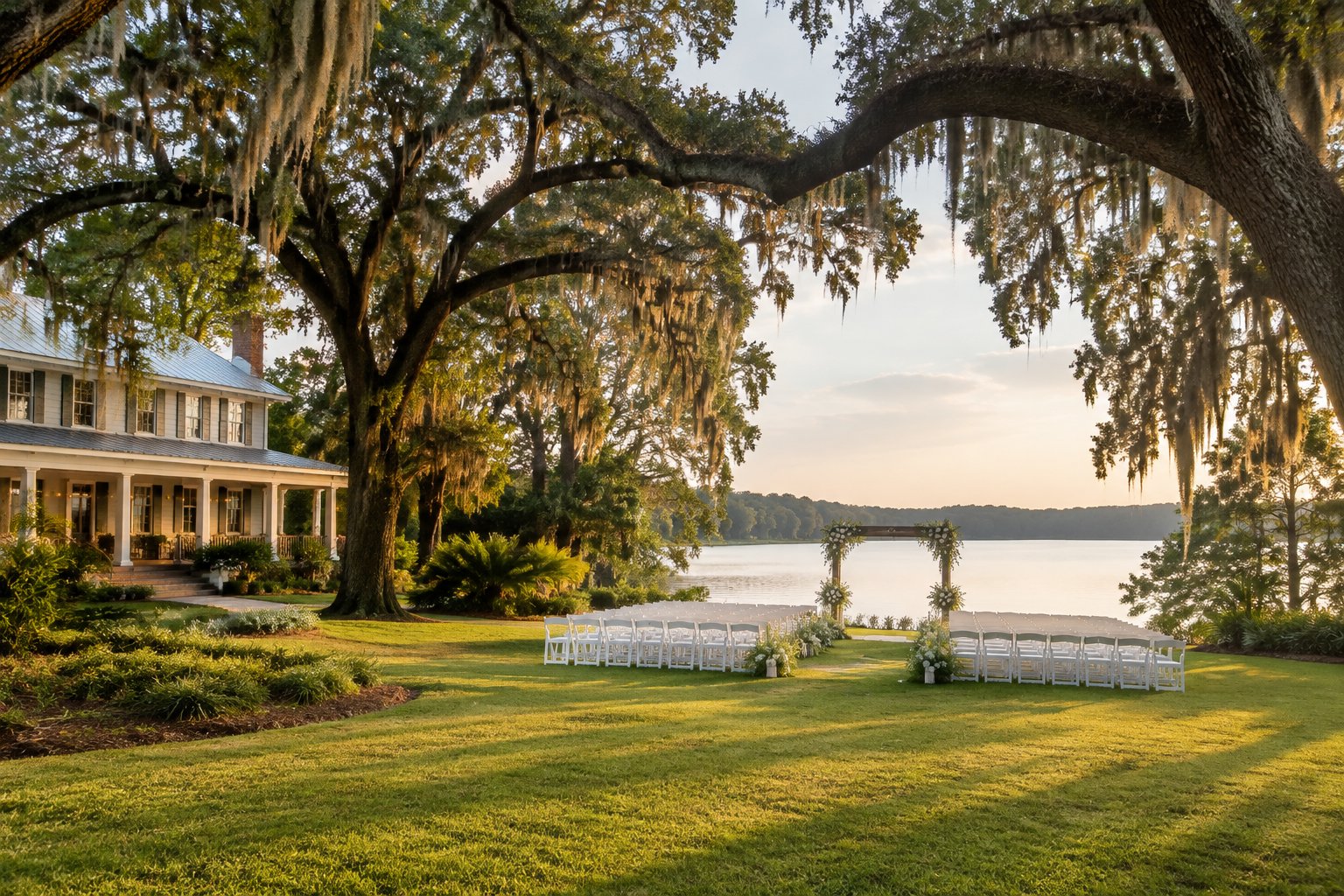 A wedding ceremony setup on a grassy lawn beside a lake and oak trees.
