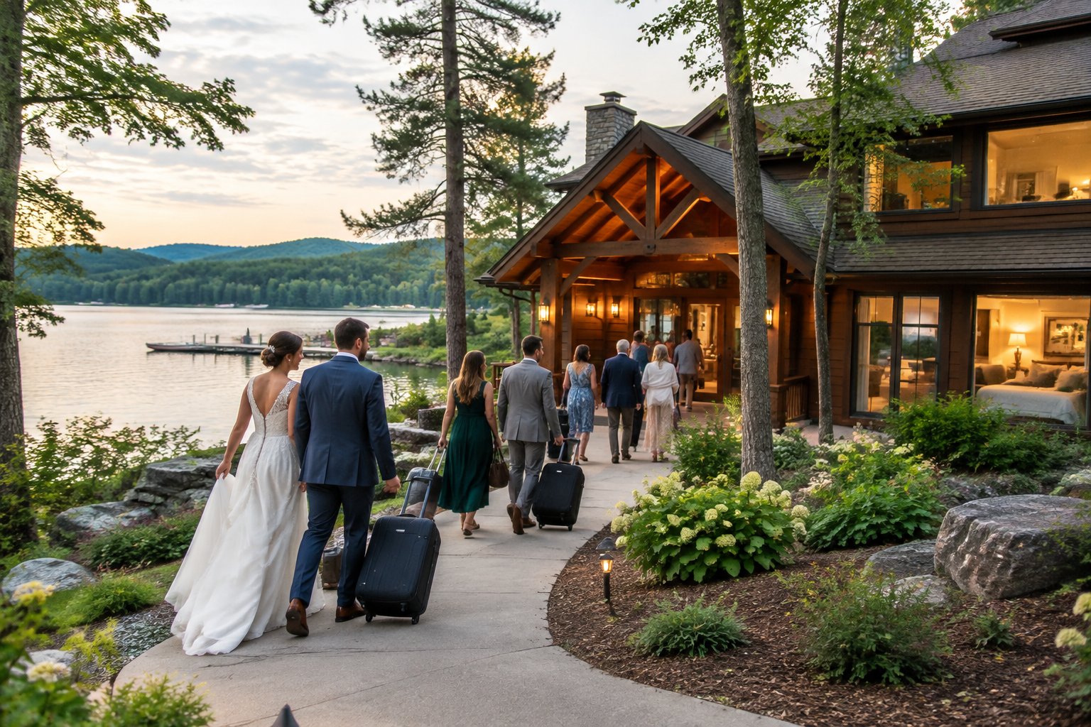 Wedding guests arrive with luggage at a lakeside lodge.