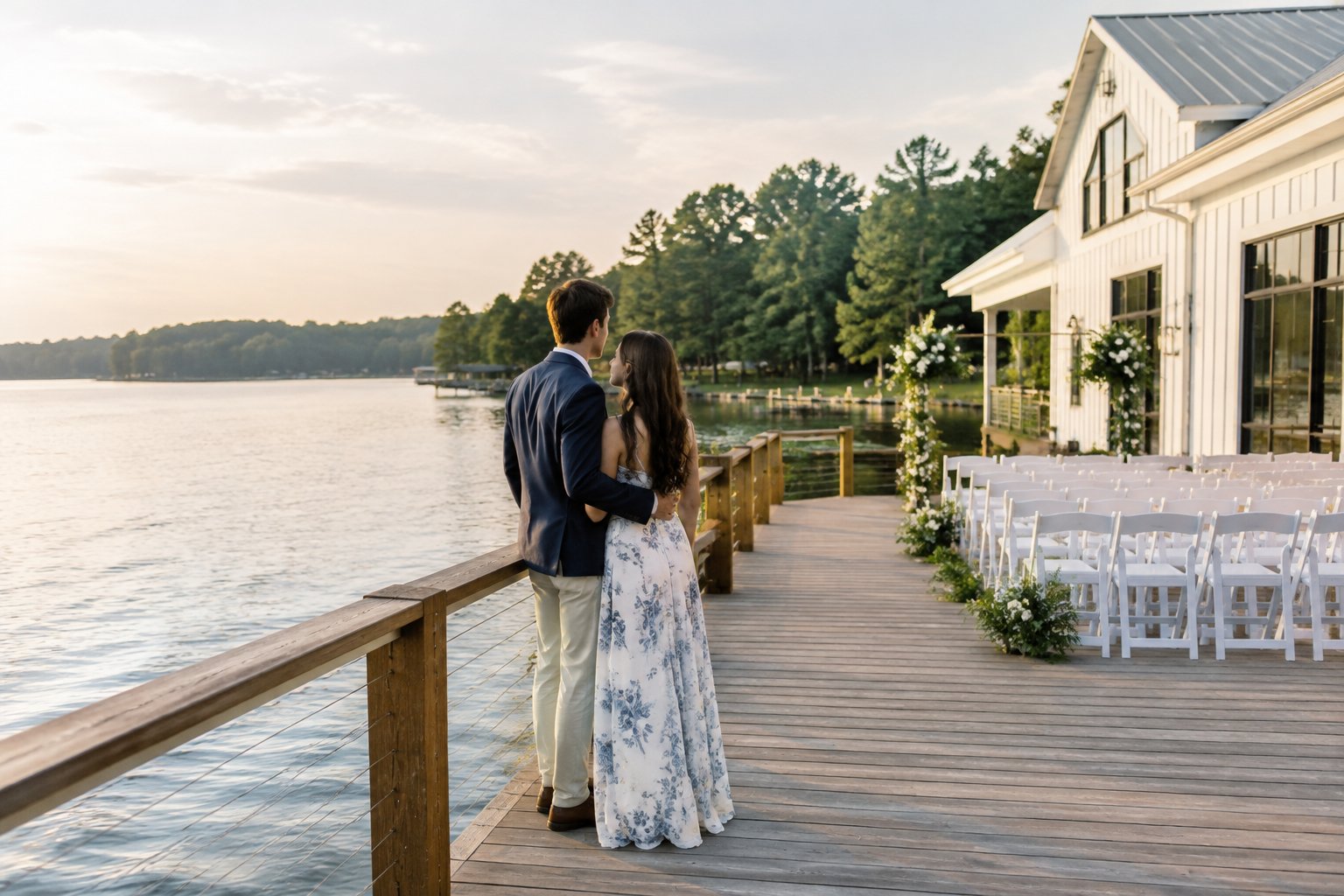 A couple stands on a lakeside deck beside a boathouse and looks out over the water.