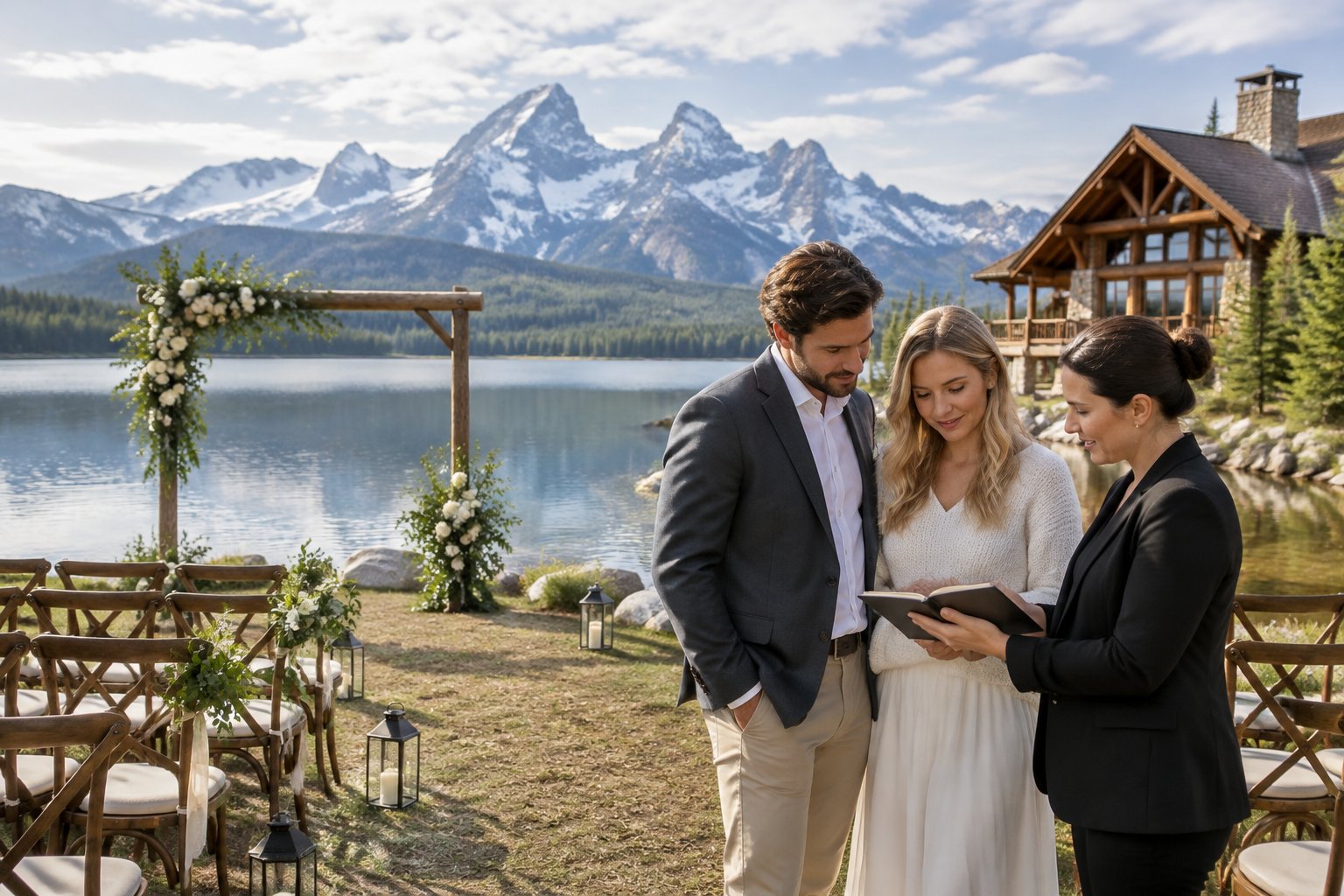 A couple and wedding planner review a notebook beside a lakeside ceremony setup with a lodge and mountains nearby.