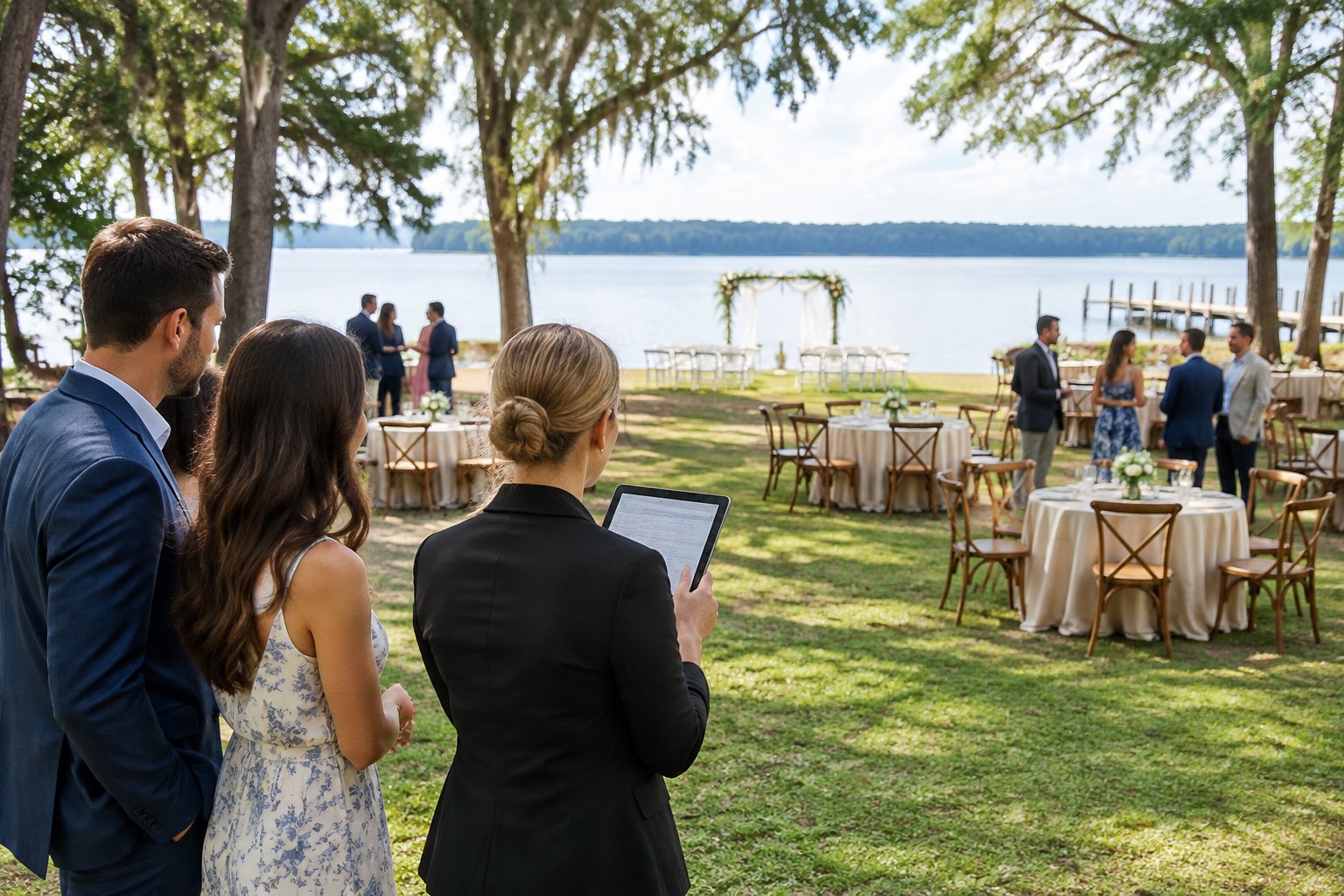 A couple and wedding planner review a guest list beside a lakeside wedding reception area.