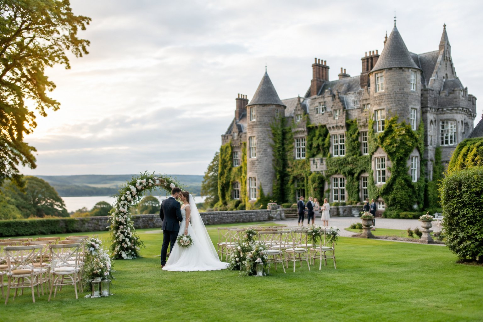 A newly married couple stands near a flower-adorned ceremony space in front of an Irish castle.