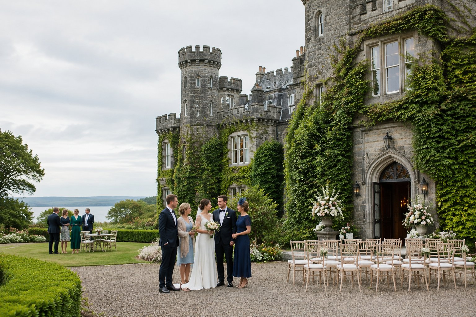 A wedding party gathers outside a castle on a green estate.