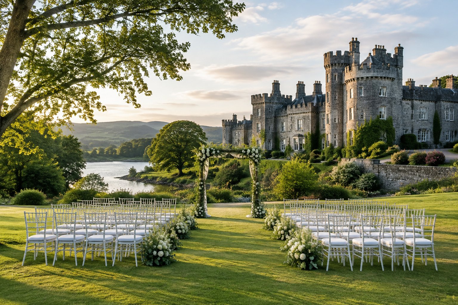 A wedding ceremony setup on the green grounds of an Irish castle.