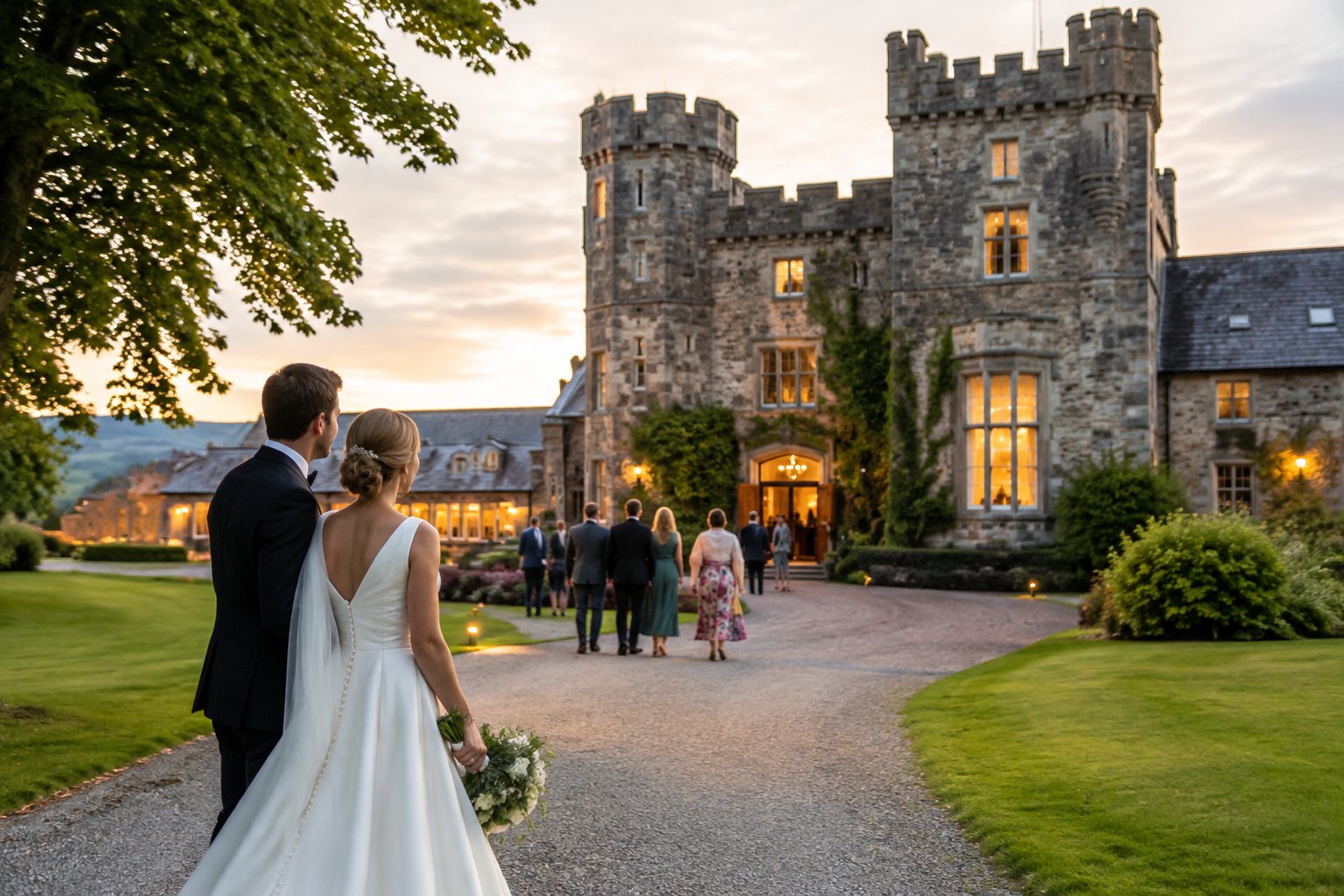 A newlywed couple and guests arrive at a stone castle wedding venue in the Irish countryside.