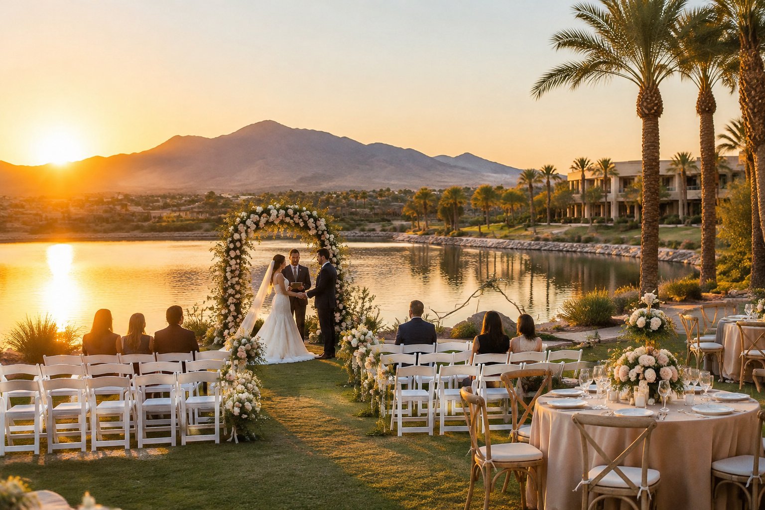 A couple exchanges vows beside a lake at an outdoor wedding ceremony.