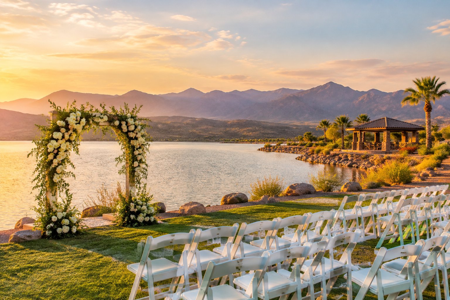 A lakeside wedding ceremony setup with white chairs, a floral arch, and a pavilion near the shore.