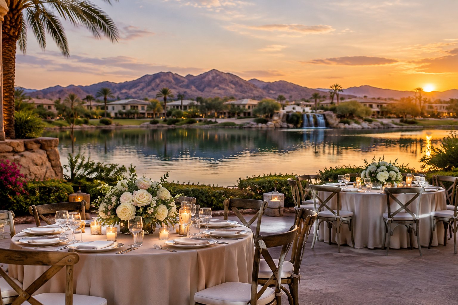 Wedding reception tables arranged beside a lake in a desert setting.